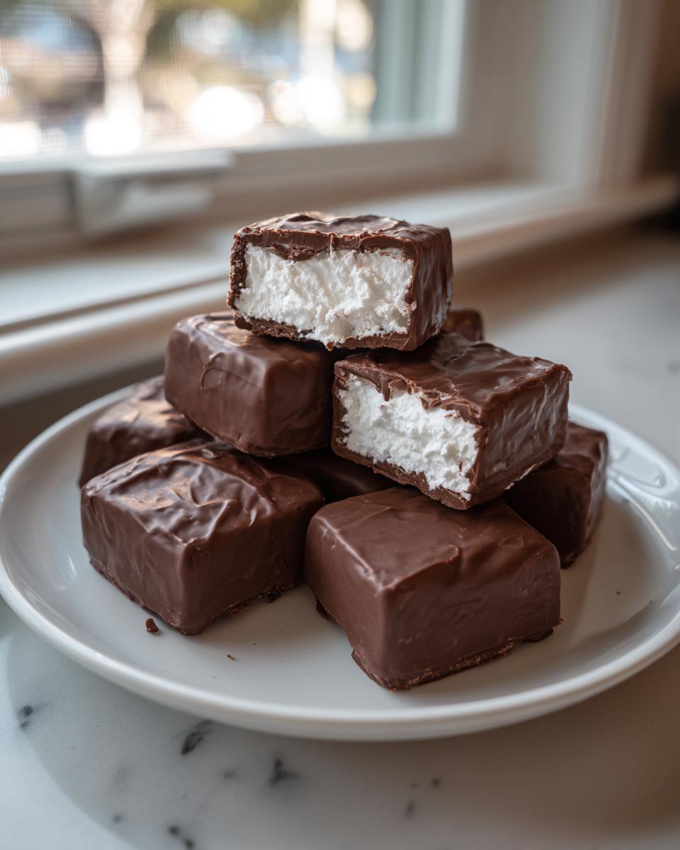 A stack of homemade chocolate-covered Cool Whip candy bars, showing the fluffy white center of the cut pieces.