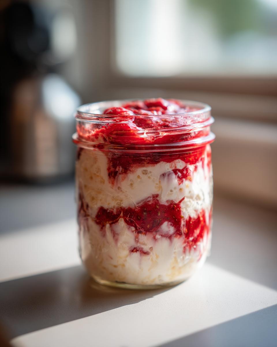 Close-up of layered cottage cheese strawberry cheesecake chia pudding in a glass jar, showing white pudding and bright red strawberry swirl.