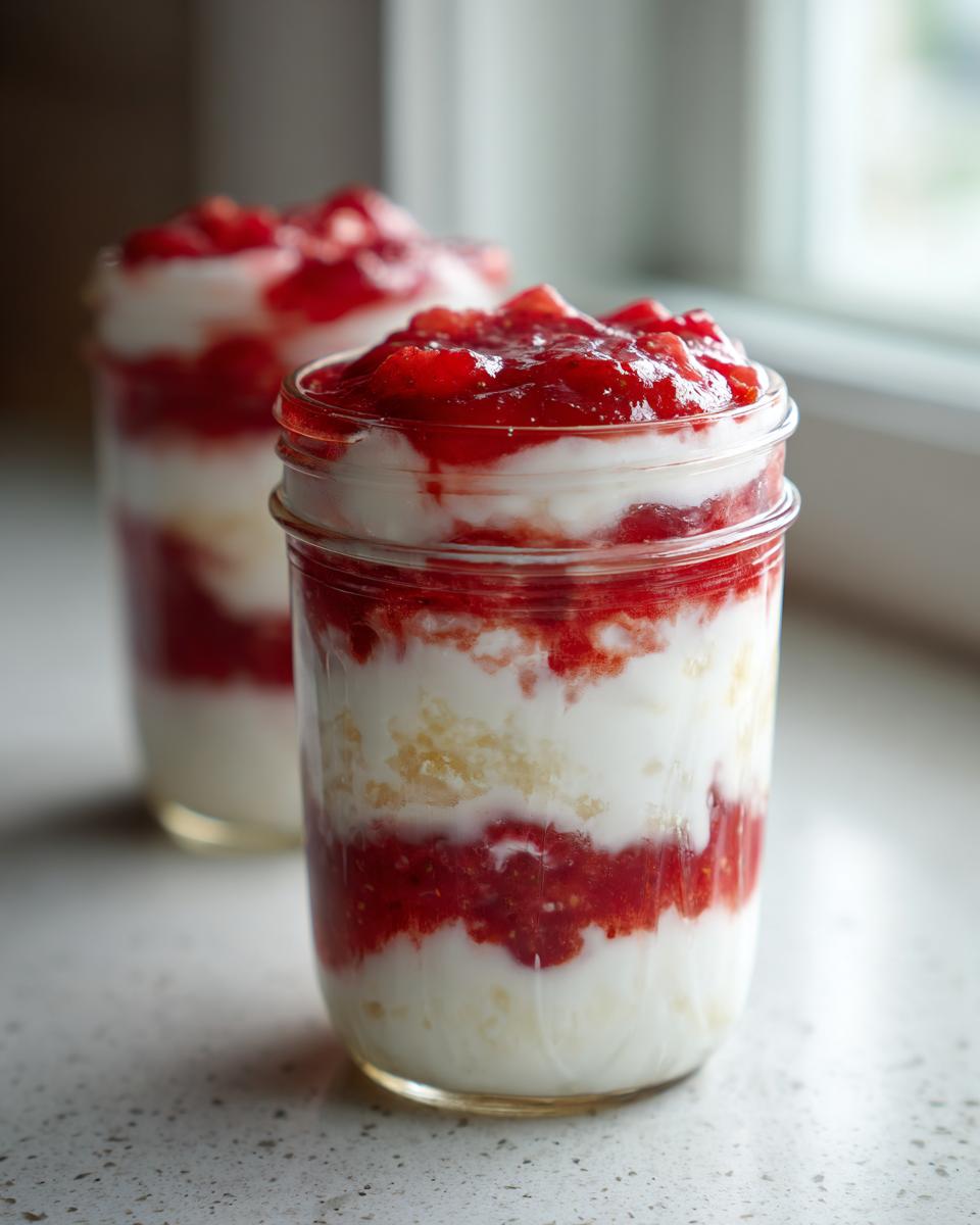 Close-up of layered cottage cheese strawberry cheesecake chia seed pudding in a glass jar.