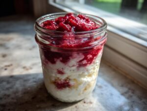 A layered cottage cheese strawberry cheesecake chia seed pudding served in a glass mason jar near a sunny window.