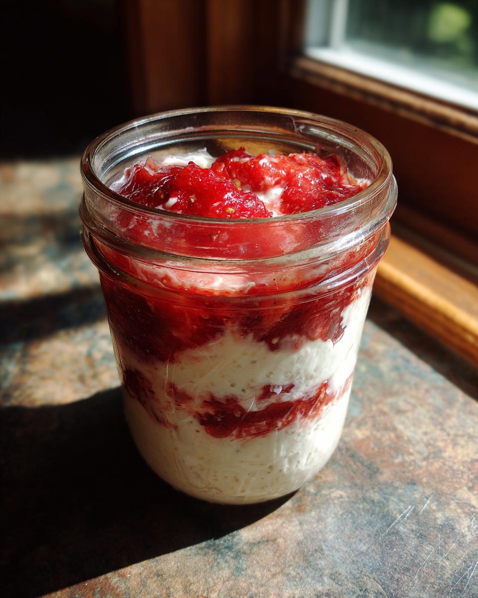 A layered cottage cheese strawberry cheesecake chia seed pudding served in a small glass jar, showing white pudding and bright red strawberry topping.