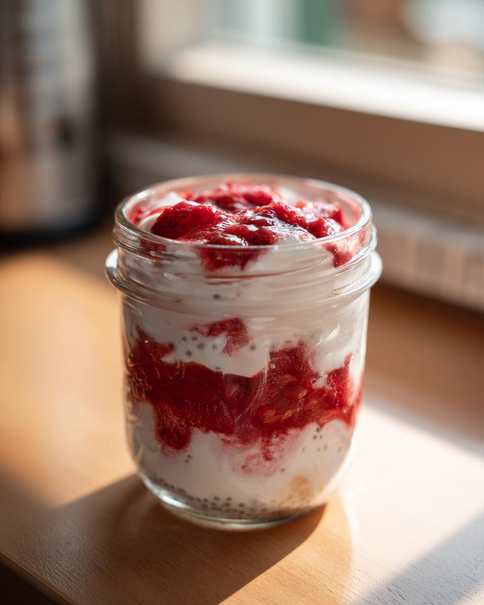 Close-up of cottage cheese strawberry cheesecake chia seed pudding layered in a small glass jar, bathed in sunlight.