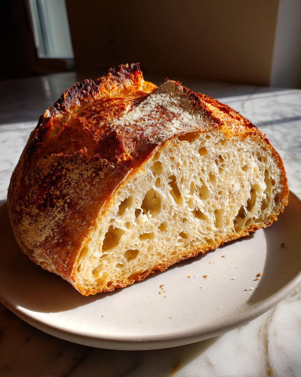 A cross-section showing the open, airy crumb of a country loaf with sourdough discard, resting on a plate.