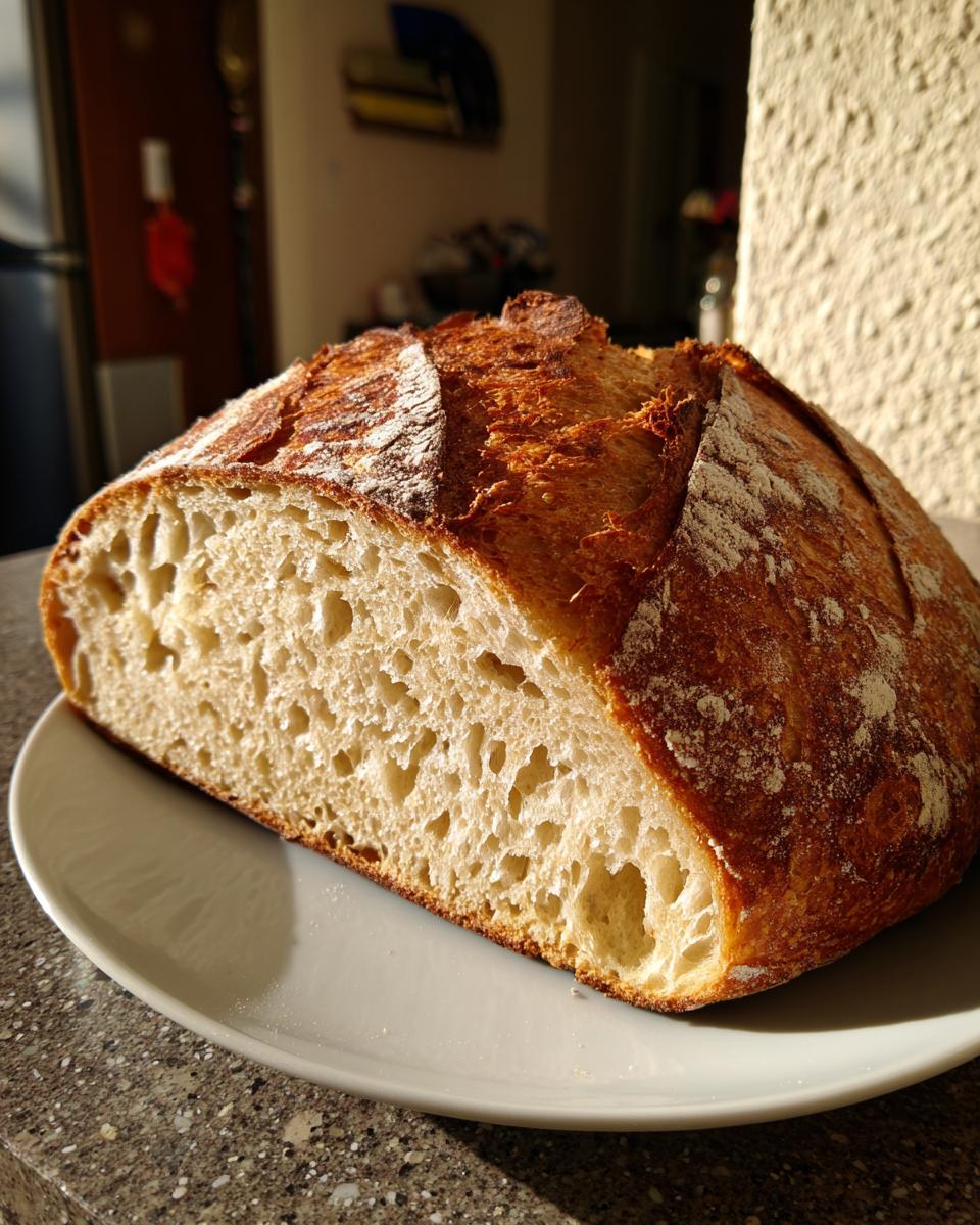 Close-up of a freshly baked country loaf with sourdough discard, showing a beautiful open crumb structure and golden crust.