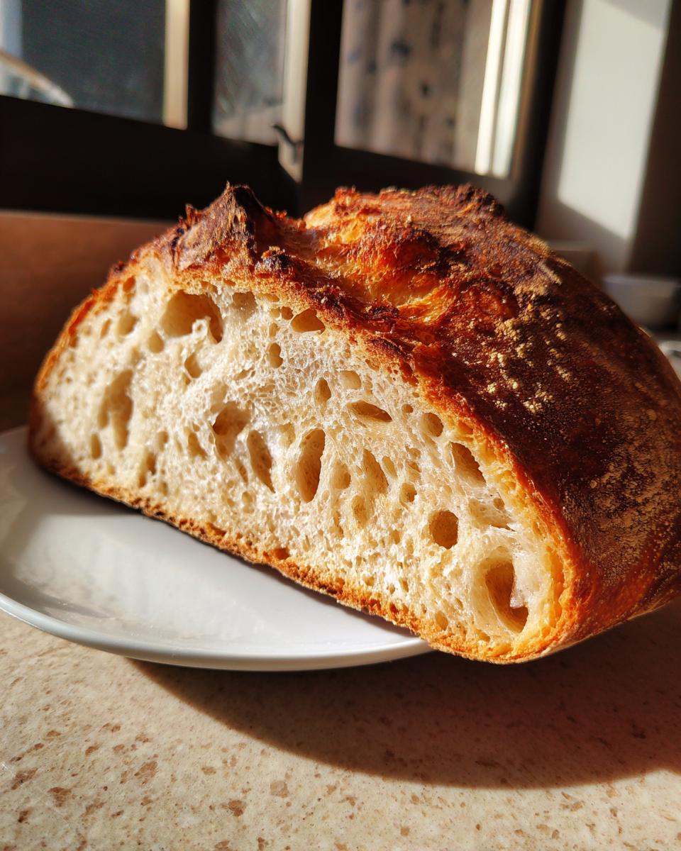 Cross-section of a country loaf with sourdough discard showing an open, airy crumb structure and dark crust.