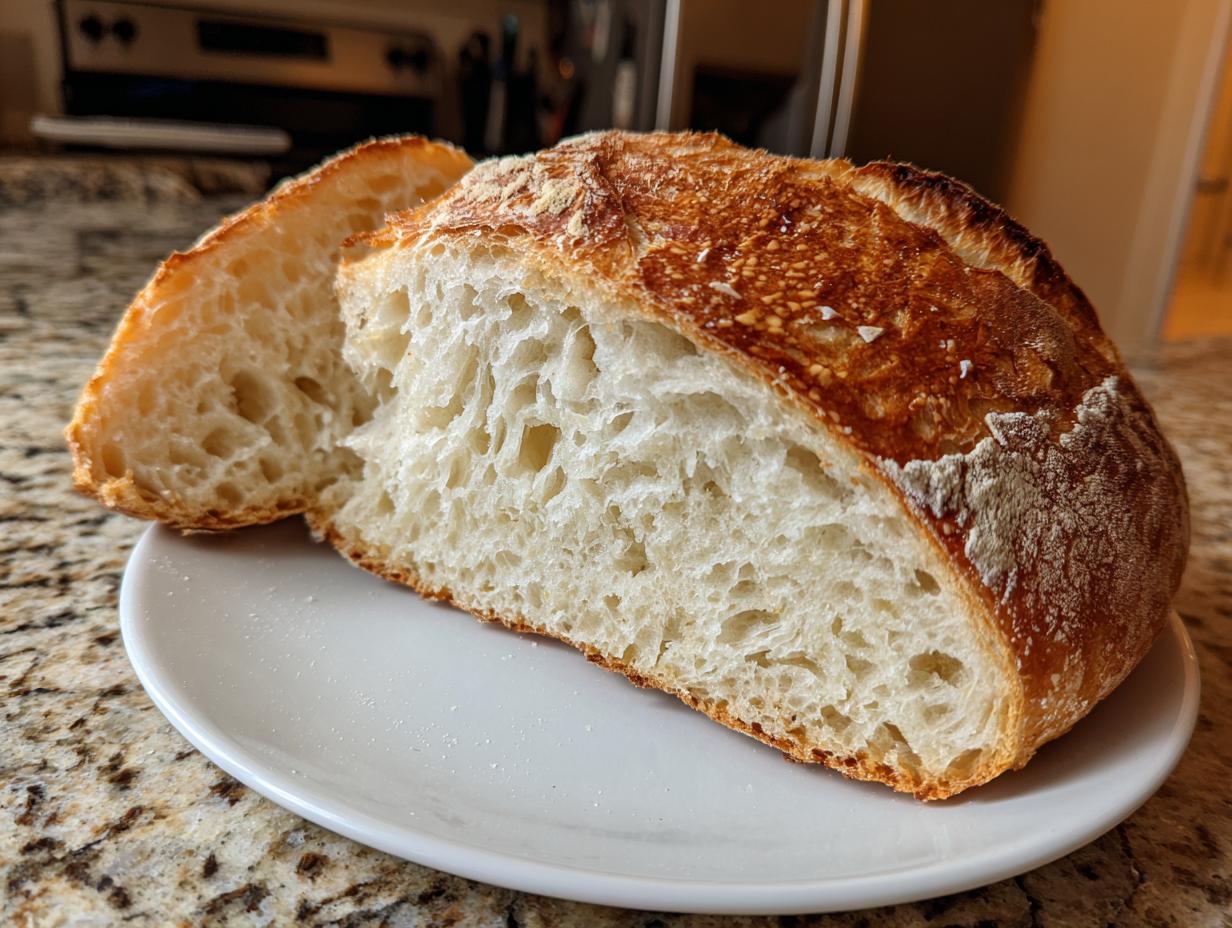 A cross-section of a freshly baked country loaf with sourdough discard showing an open, airy crumb and golden crust.