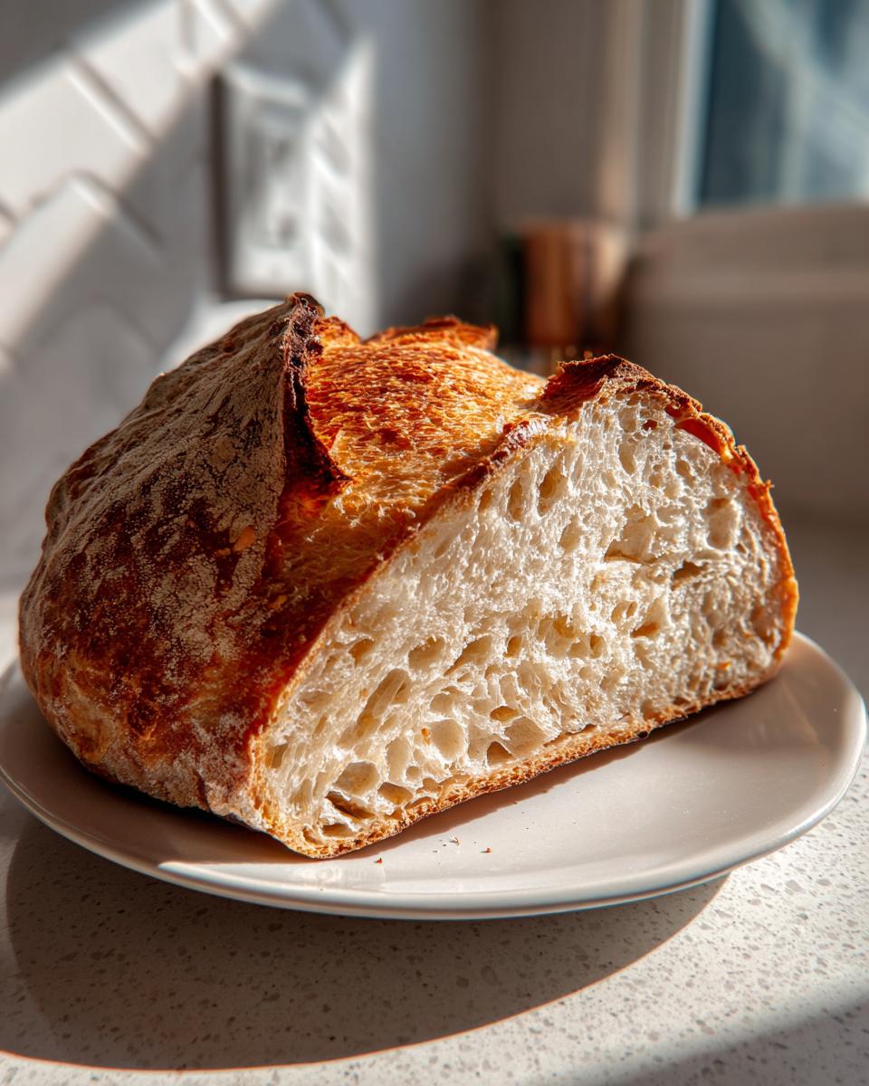 A freshly baked country loaf with sourdough discard, sliced open to show the airy crumb, resting on a white plate.