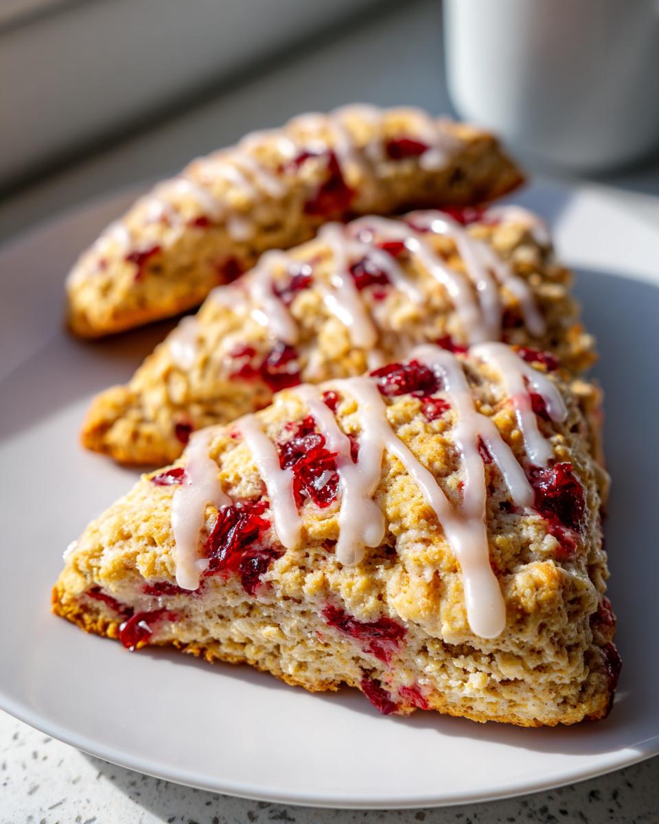 Three triangular cranberry orange scones drizzled with white icing, sitting on a white plate in bright sunlight.
