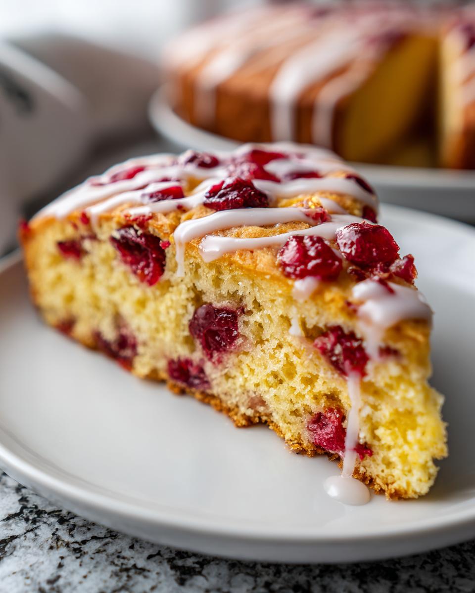 Close-up of a moist slice of cranberry orange scones topped with white glaze and whole cranberries.