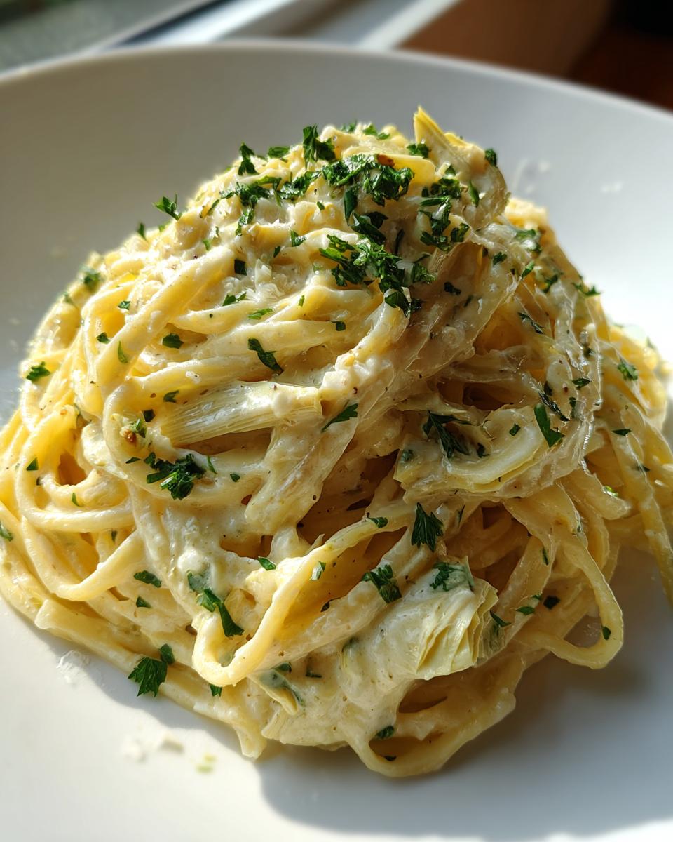 Close-up of a serving of creamy Artichoke pasta tossed in a rich white sauce and topped with chopped fresh parsley.