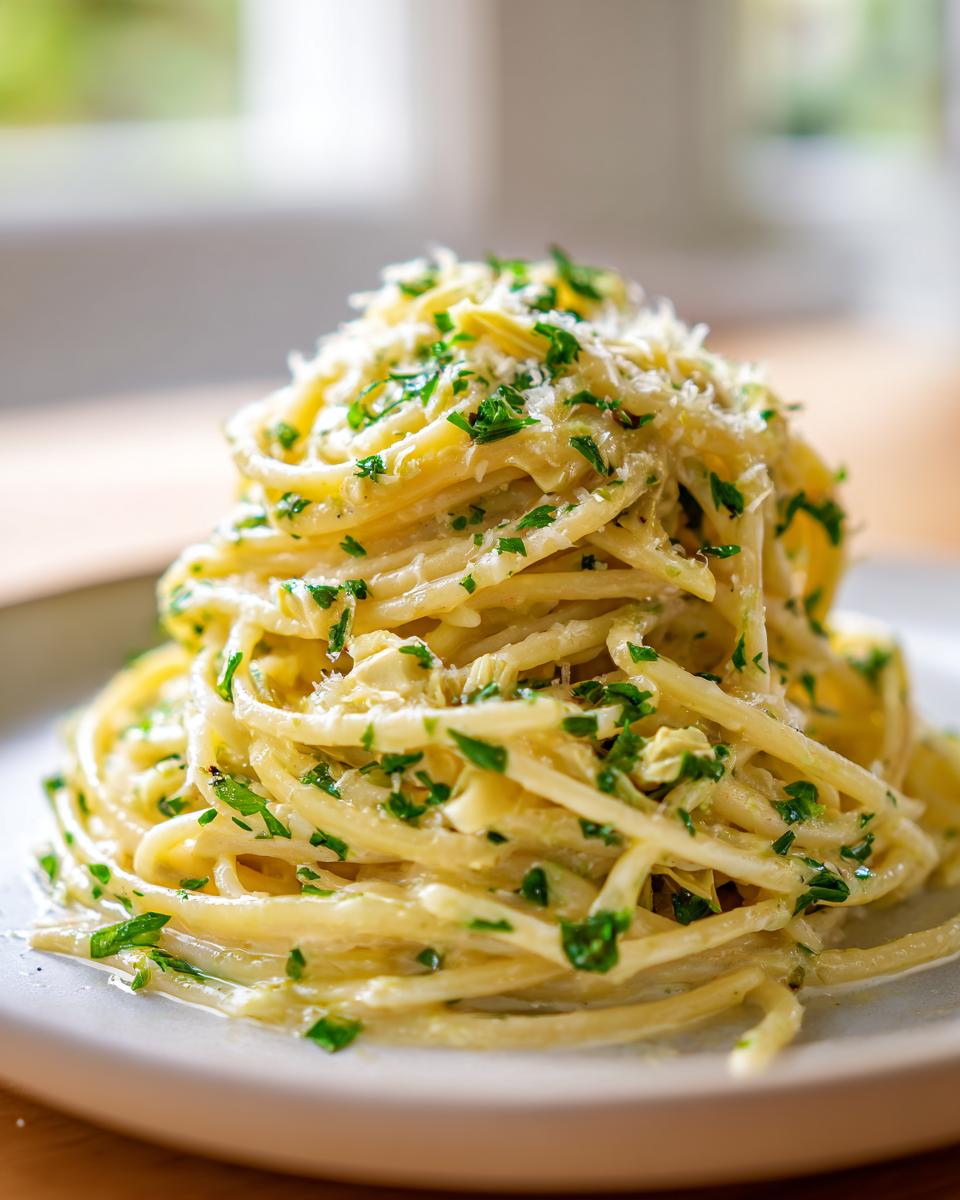 A beautiful mound of creamy Artichoke pasta, topped with grated cheese and fresh chopped parsley.