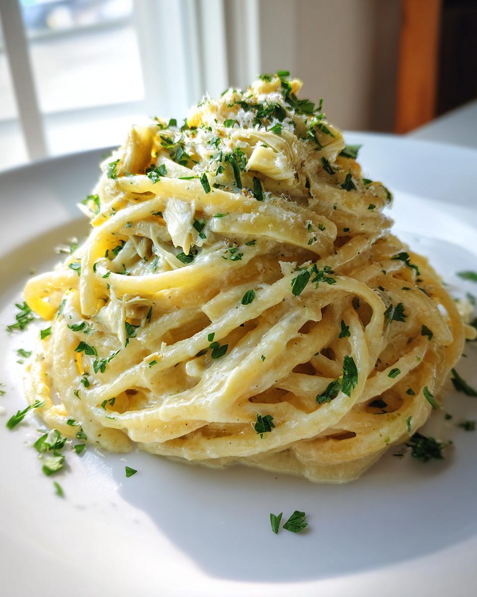Close-up of a perfectly twirled mound of creamy Artichoke pasta topped with grated cheese and fresh parsley.