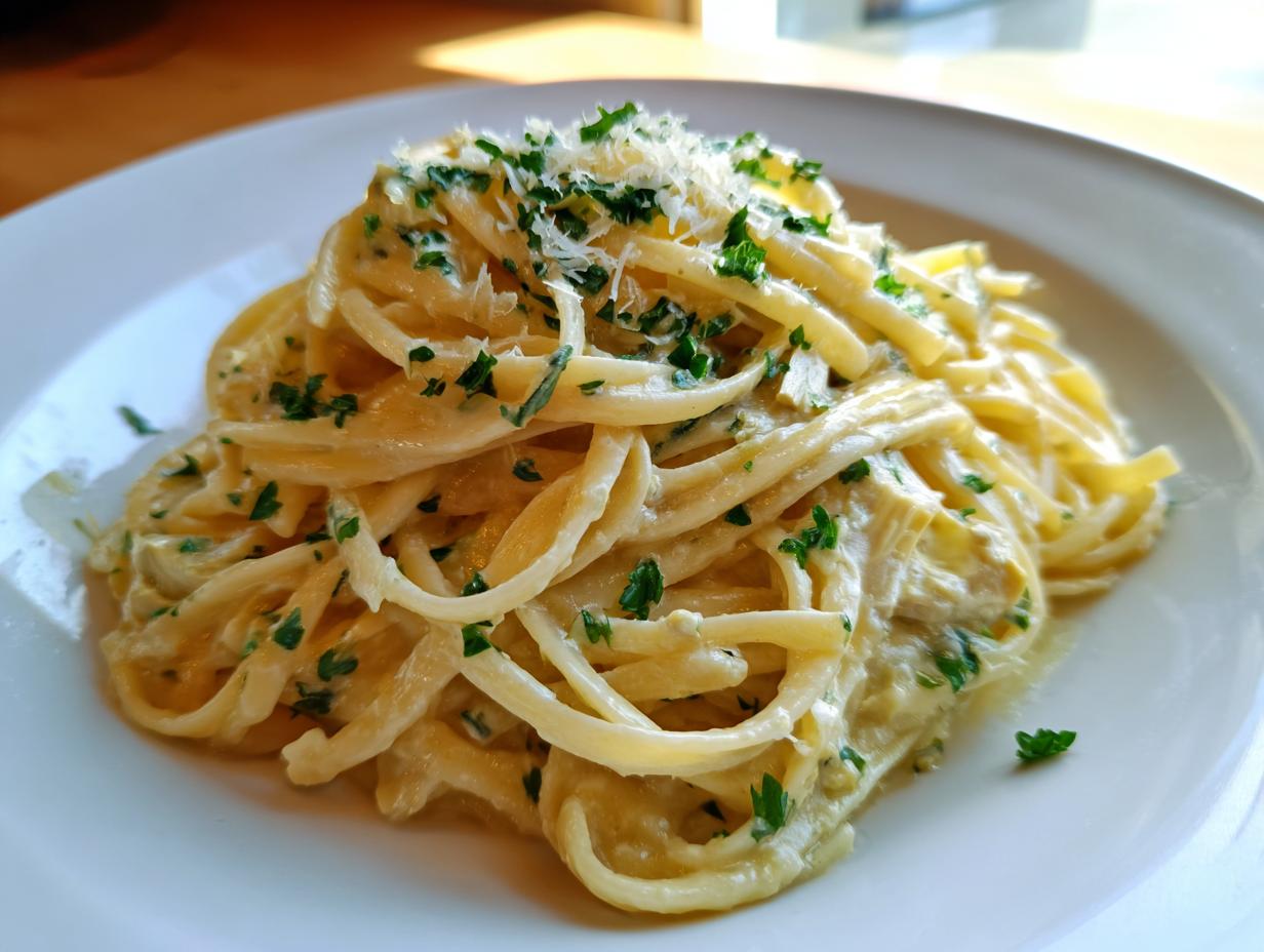 A close-up of creamy Artichoke pasta twirled high on a white plate, garnished with grated cheese and fresh parsley.