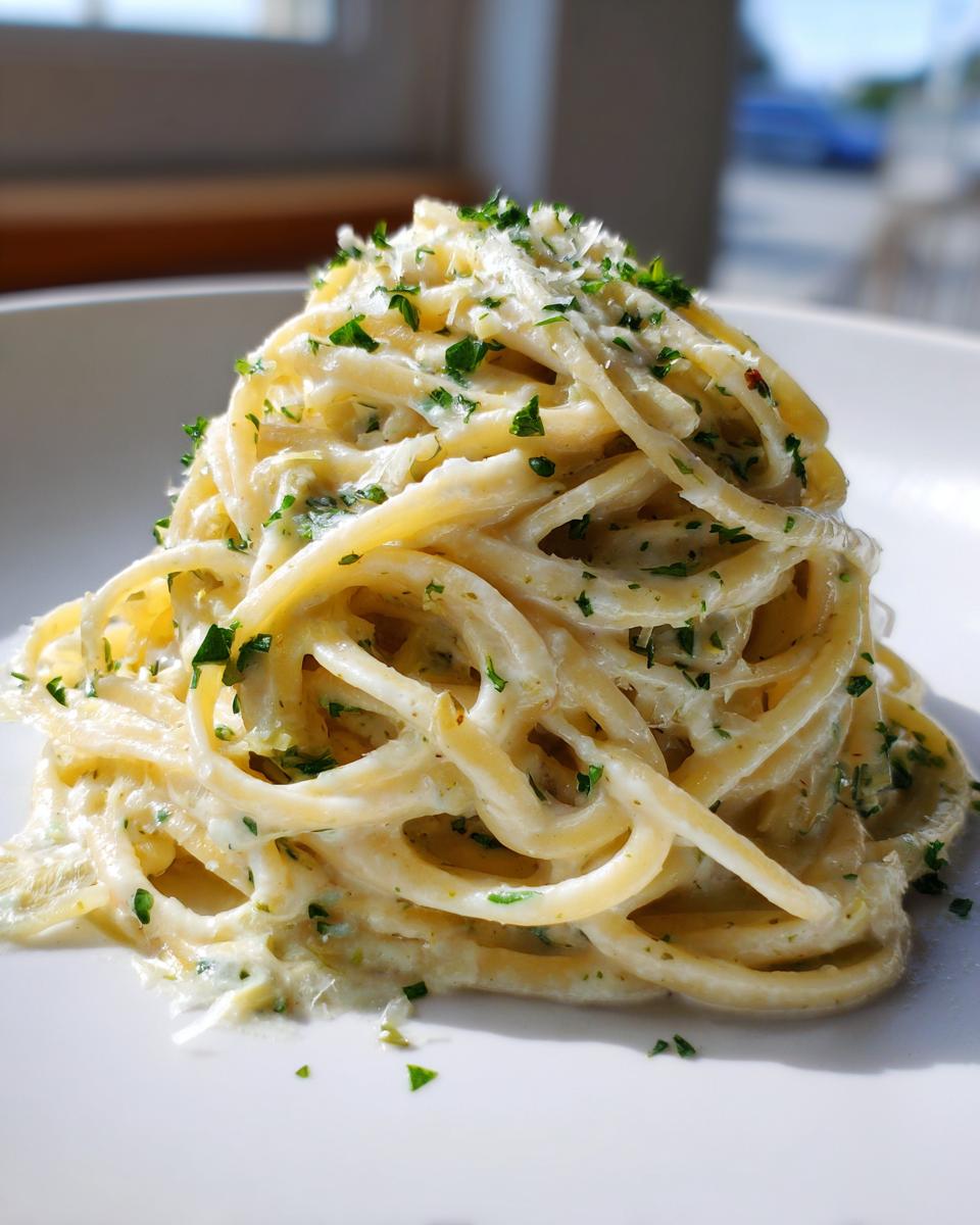 Close-up of creamy Artichoke pasta twirled high on a white plate, topped with fresh parsley and grated cheese.