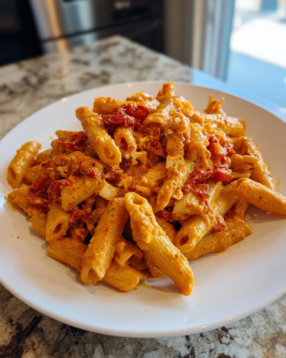 A close-up of creamy baked feta pasta mixed with roasted tomatoes and penne noodles served on a white plate.
