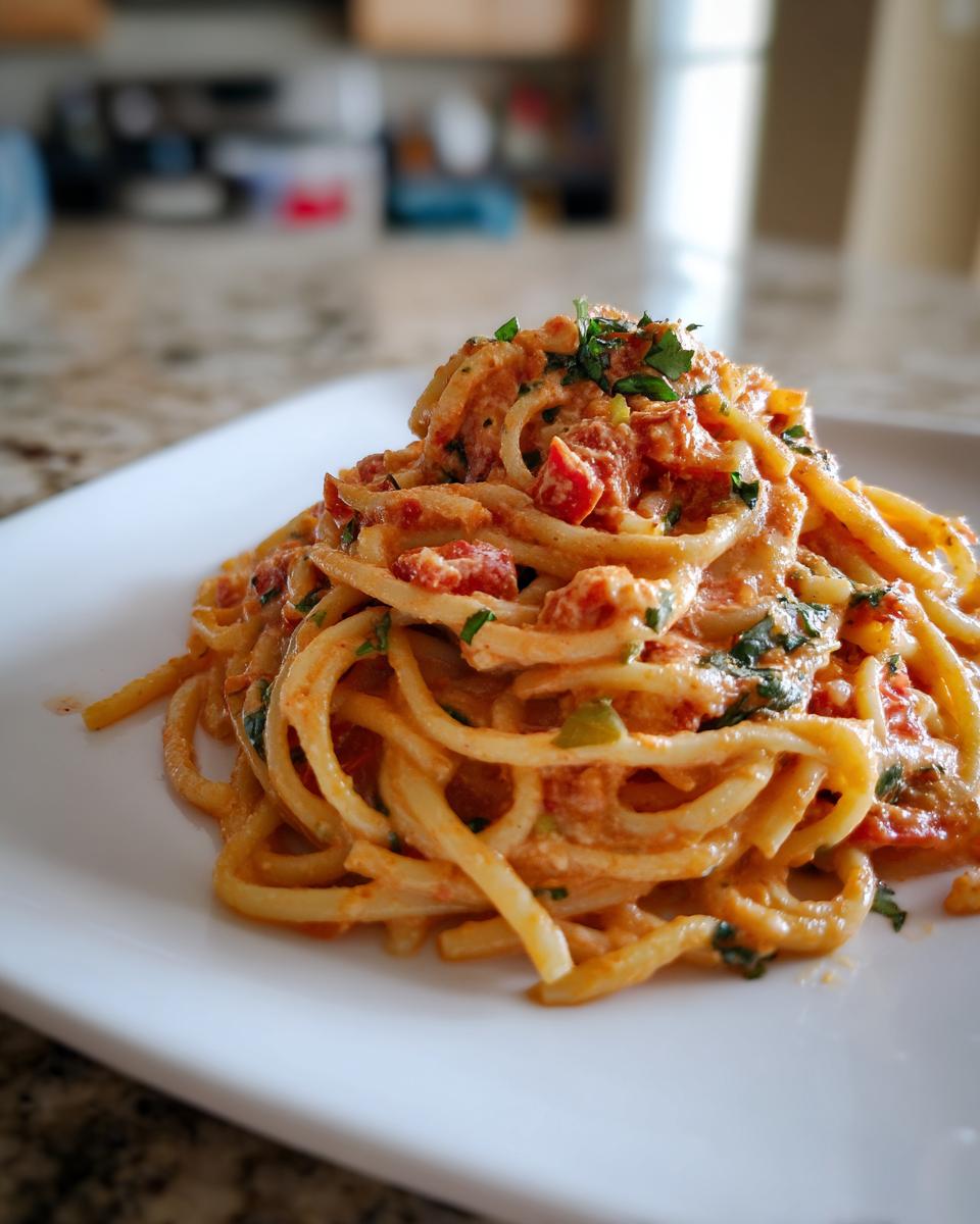 A close-up of a serving of creamy baked feta pasta tossed with tomatoes and garnished with fresh herbs.