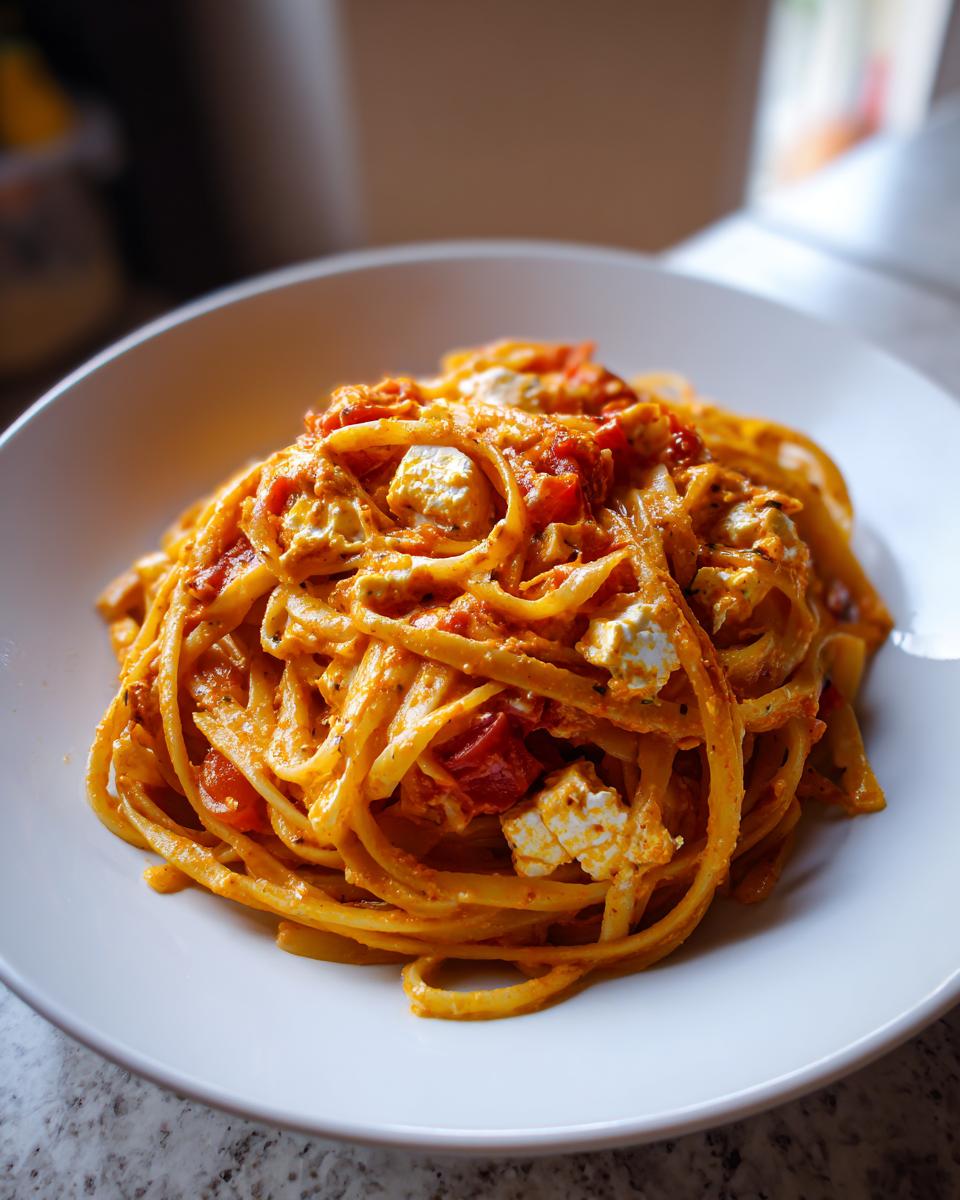 A close-up serving of creamy baked feta pasta with chunks of feta cheese and tomato sauce tossed with linguine.