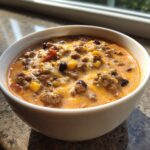 Close-up of a white bowl filled with creamy beef taco soup, featuring ground beef, corn, black beans, and melted cheddar cheese.