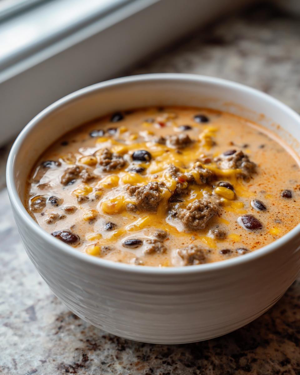 Close-up of a white bowl filled with creamy beef taco soup, topped with melted cheddar cheese, ground beef, and black beans.