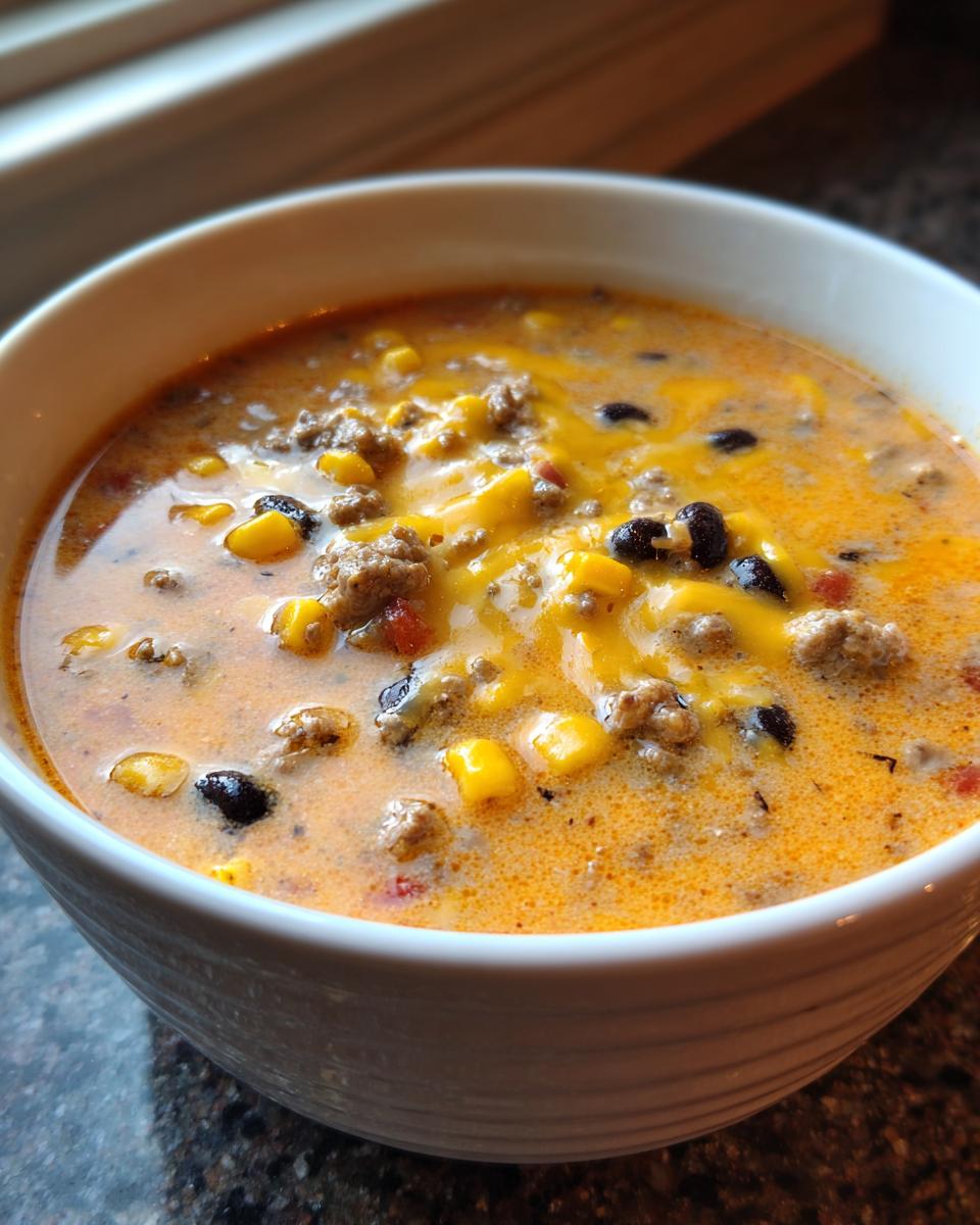 Close-up of a white bowl filled with creamy beef taco soup, topped with melted cheddar cheese, black beans, and corn.
