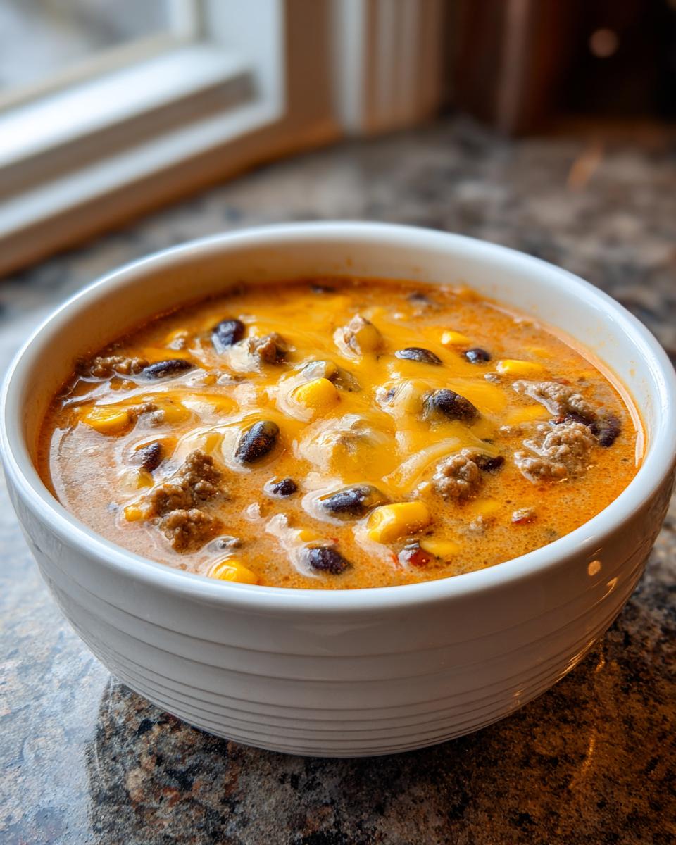 Close-up of a white bowl filled with creamy beef taco soup, topped with melted cheddar cheese, black beans, and corn.