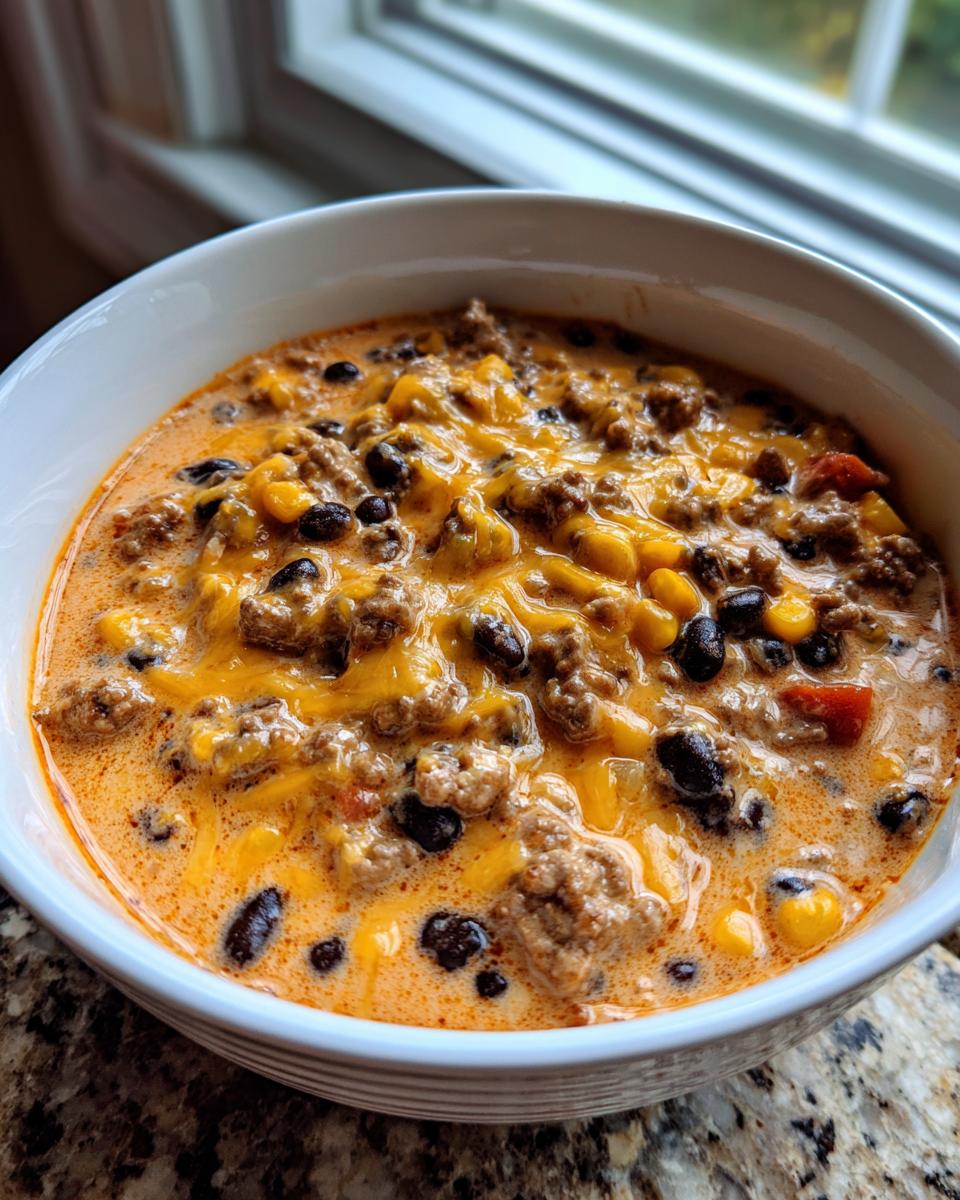 A close-up of a white bowl filled with creamy beef taco soup, topped generously with melted cheddar cheese, black beans, and corn.