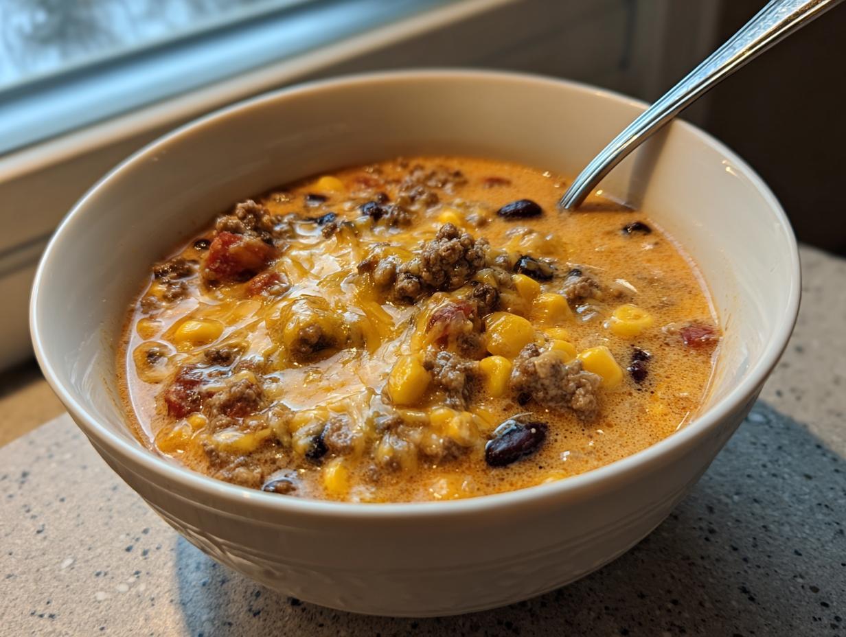 A close-up of a white bowl filled with creamy beef taco soup, topped with melted cheese, ground beef, corn, and black beans.
