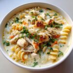 A close-up of a bowl of creamy chicken parmesan soup, topped with shredded chicken, melted cheese, and fresh basil.