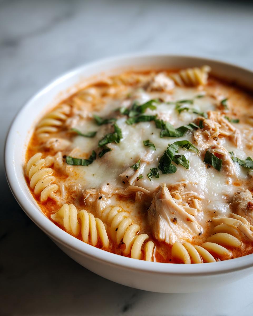Close-up of a white bowl filled with creamy chicken parmesan soup, topped with melted mozzarella and fresh basil.