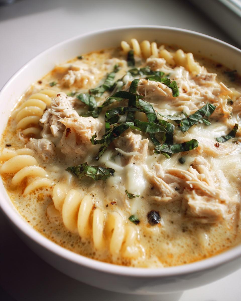 Close-up of a bowl of creamy chicken parmesan soup filled with shredded chicken, rotini pasta, melted cheese, and fresh basil.