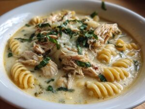 Close-up of a bowl of creamy chicken parmesan soup featuring shredded chicken, rotini pasta, and fresh basil.