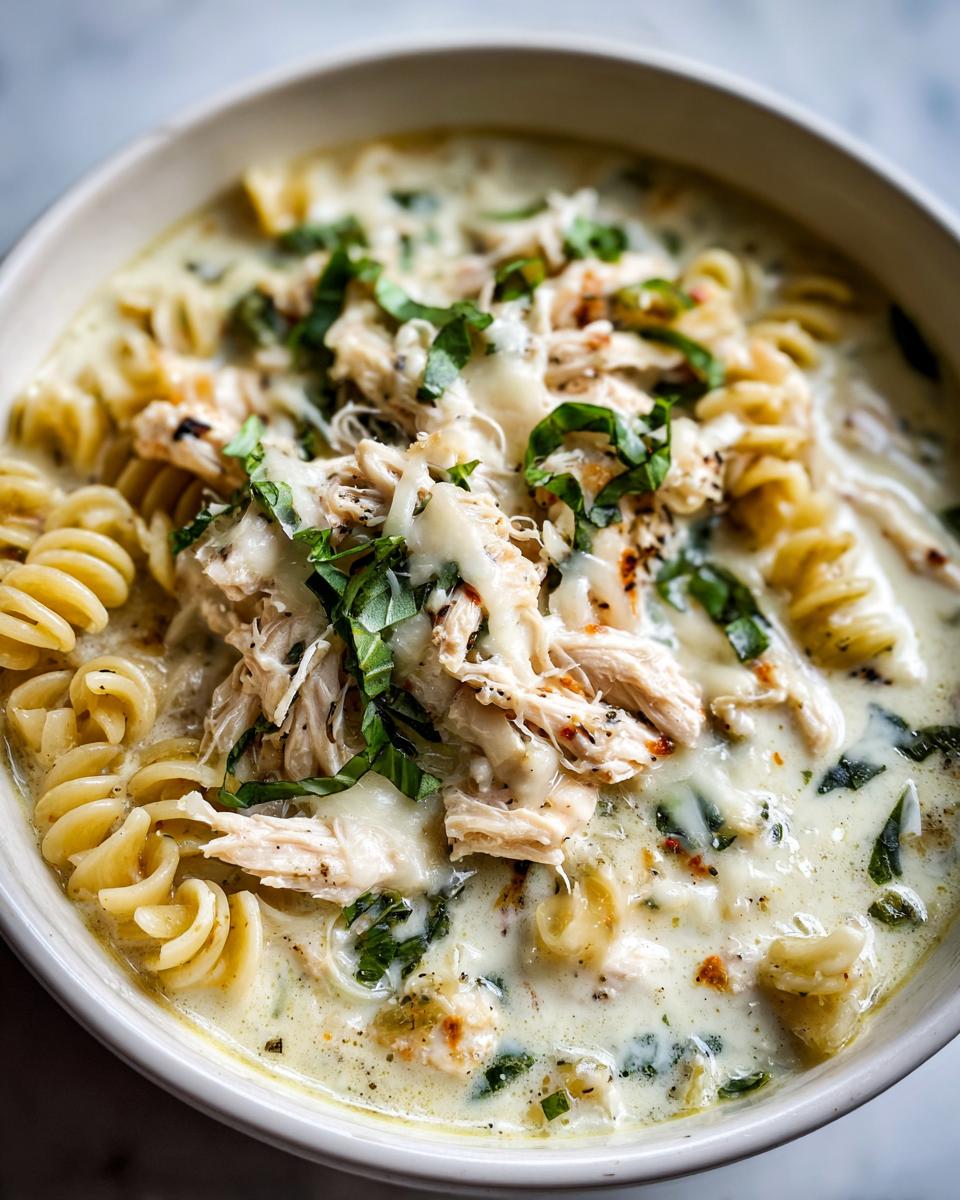 Close-up of a bowl of creamy chicken parmesan soup featuring shredded chicken, rotini pasta, melted cheese, and fresh basil.