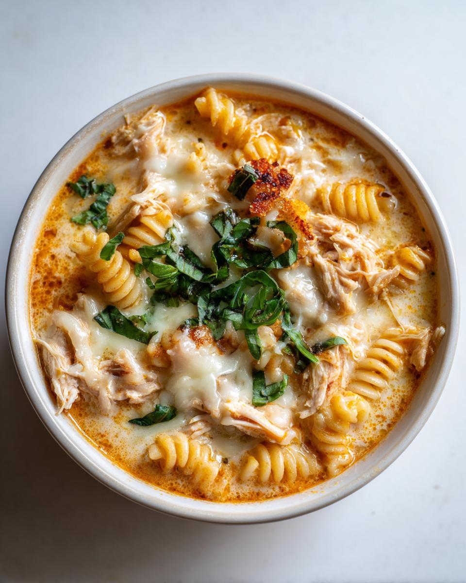 Overhead view of a bowl of creamy chicken parmesan soup featuring rotini pasta, shredded chicken, melted mozzarella, and fresh basil.