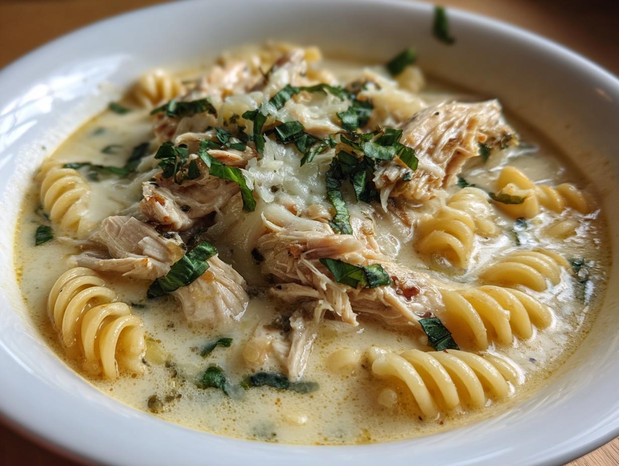 Close-up of a bowl of creamy chicken parmesan soup featuring shredded chicken, rotini pasta, and fresh basil.