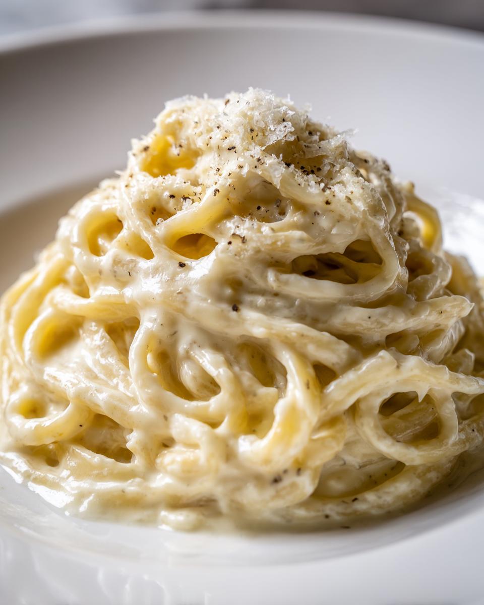 Close-up of spaghetti coated in creamy cottage cheese alfredo sauce, topped with grated parmesan and black pepper.