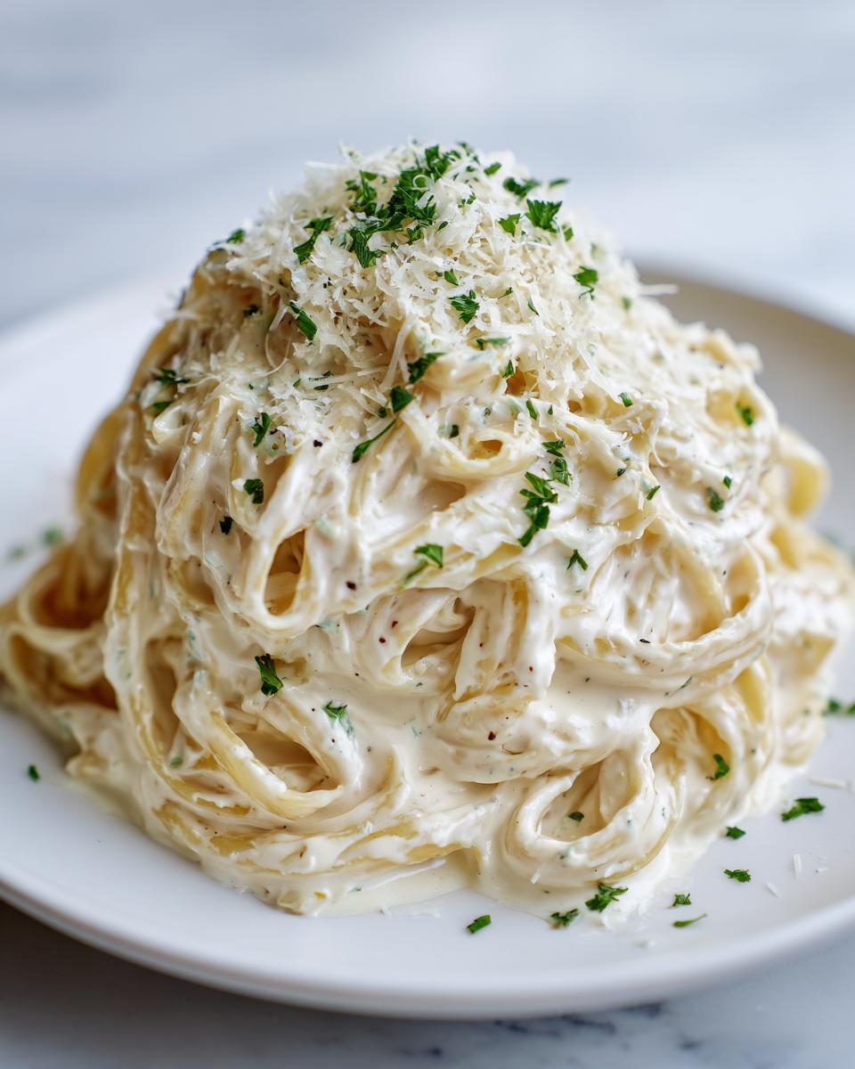 Close-up of a generous serving of pasta coated in creamy cottage cheese alfredo sauce, topped with grated Parmesan and parsley.