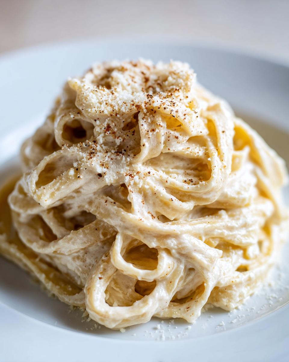 Close-up of fettuccine pasta coated in creamy cottage cheese alfredo sauce, topped with grated cheese and pepper.