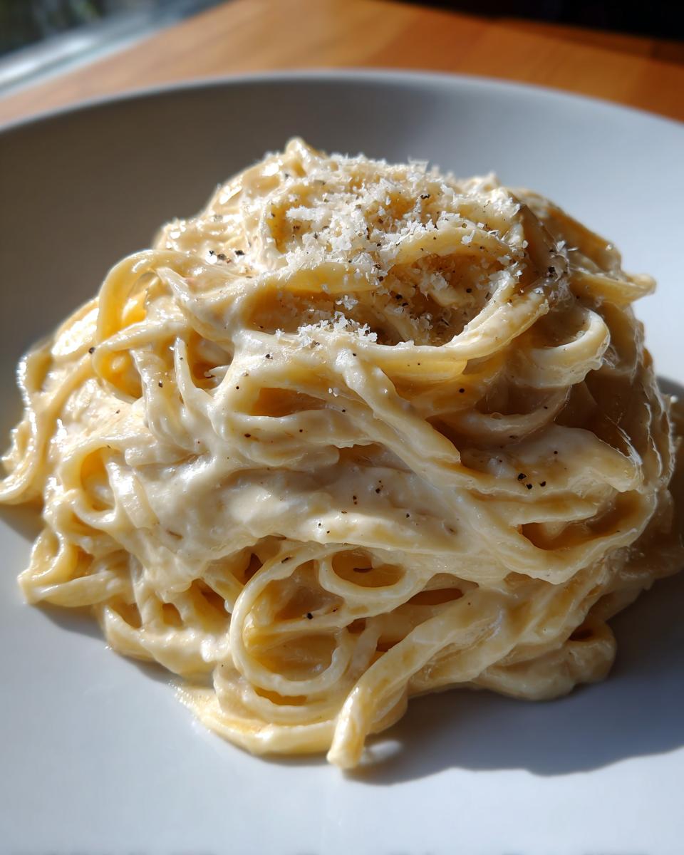 A close-up of creamy fettuccine coated in rich cottage cheese alfredo sauce, topped with grated cheese and black pepper.