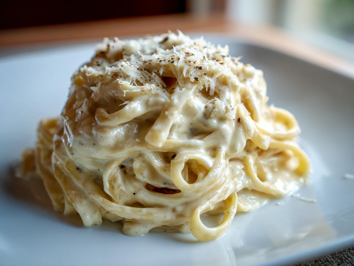 A close-up of fettuccine pasta coated in creamy cottage cheese alfredo sauce, topped with grated Parmesan cheese.