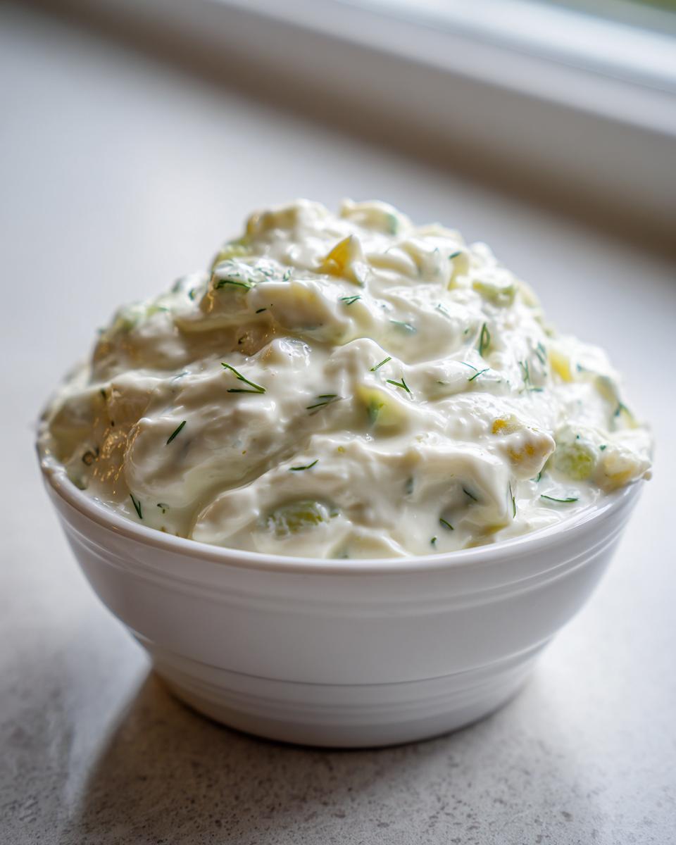 A close-up of thick, creamy homemade tartar sauce speckled with chopped pickles and fresh dill, served in a white bowl.