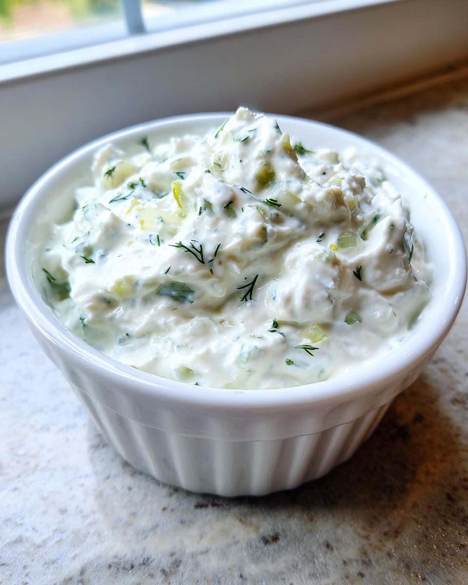 A close-up of creamy homemade tartar sauce, mixed with chopped pickles and fresh dill, served in a white ramekin.