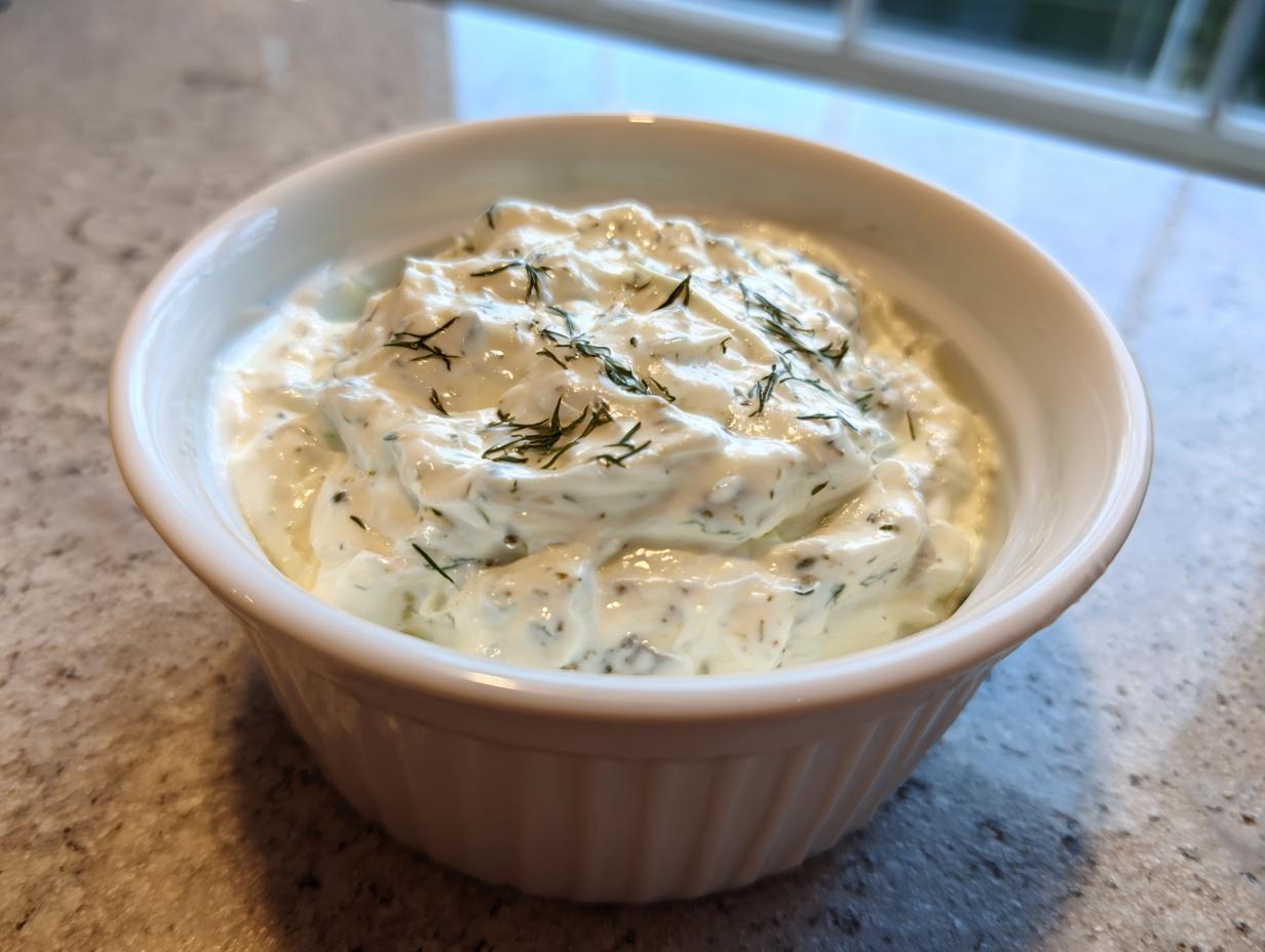 A close-up of creamy homemade tartar sauce garnished with fresh dill in a small white bowl.