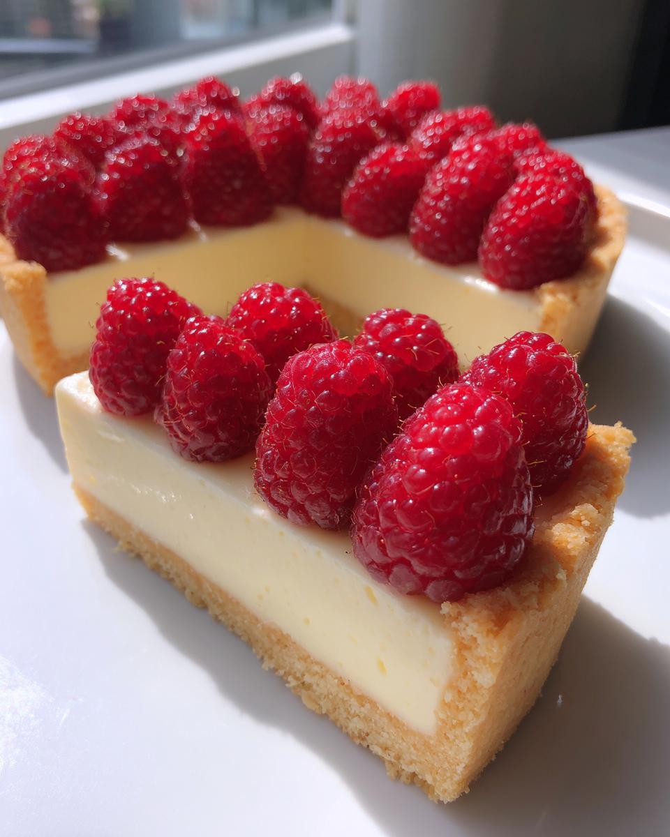 Close-up of a slice of creamy Raspberry tart topped with bright red fresh raspberries on a white plate.