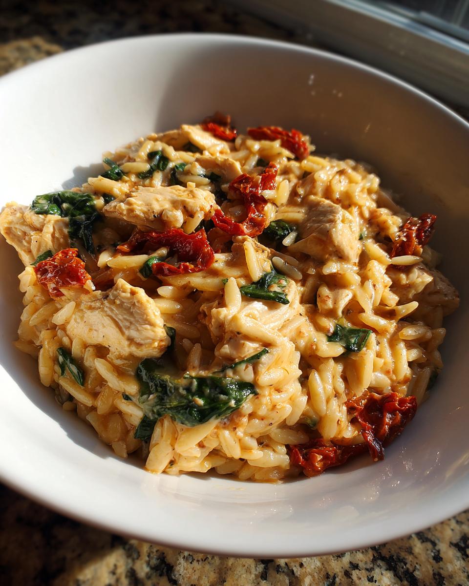 Close-up of creamy Tuscan chicken orzo mixed with spinach and sun-dried tomatoes in a white bowl.