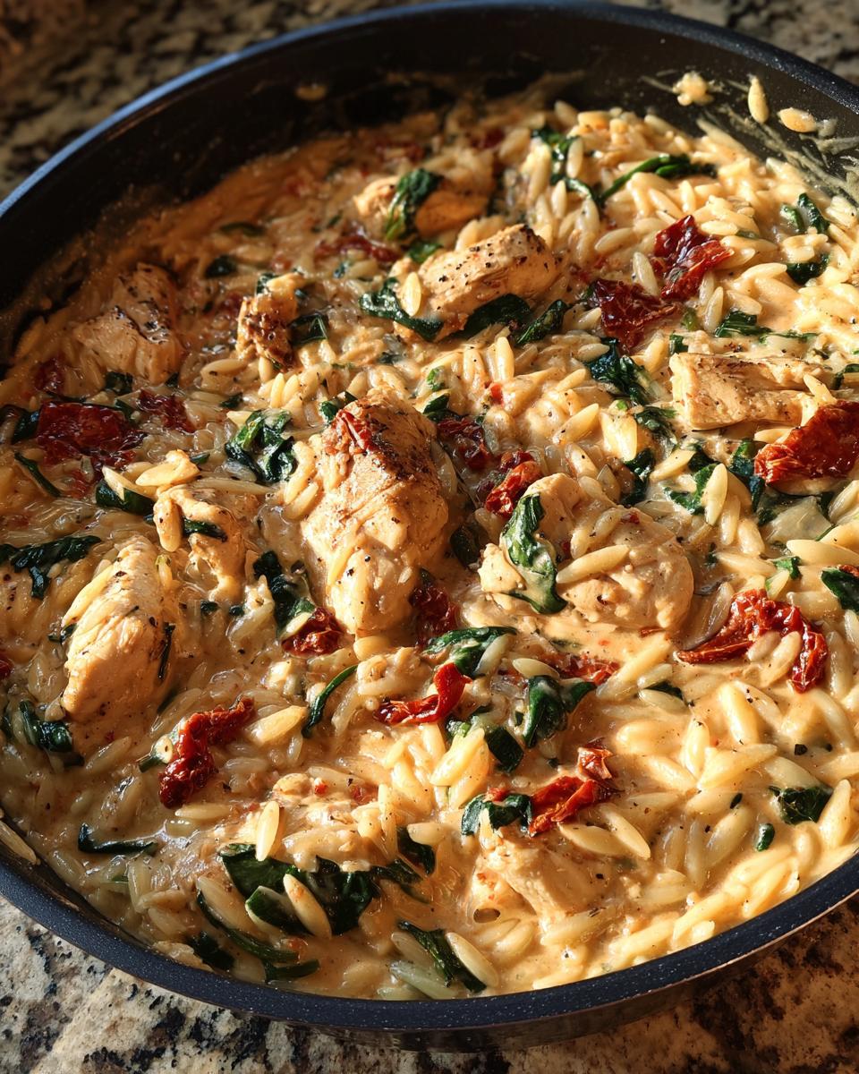 Close-up of creamy Tuscan chicken orzo with spinach and sun-dried tomatoes in a black skillet.