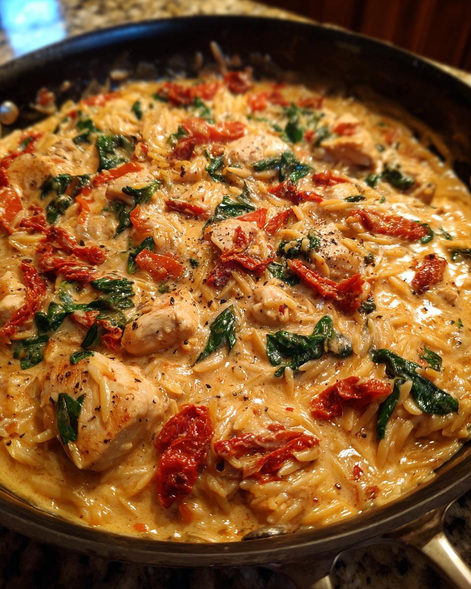 Close-up of creamy Tuscan chicken orzo with sun-dried tomatoes and spinach cooked in a skillet.