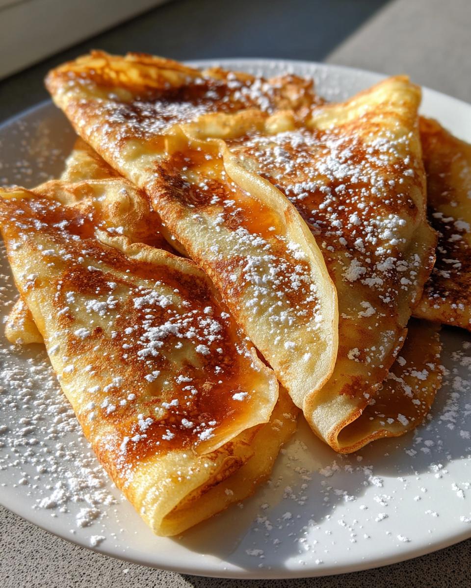 Close-up of folded Crepes Suzette drizzled with sauce and generously dusted with powdered sugar on a white plate.