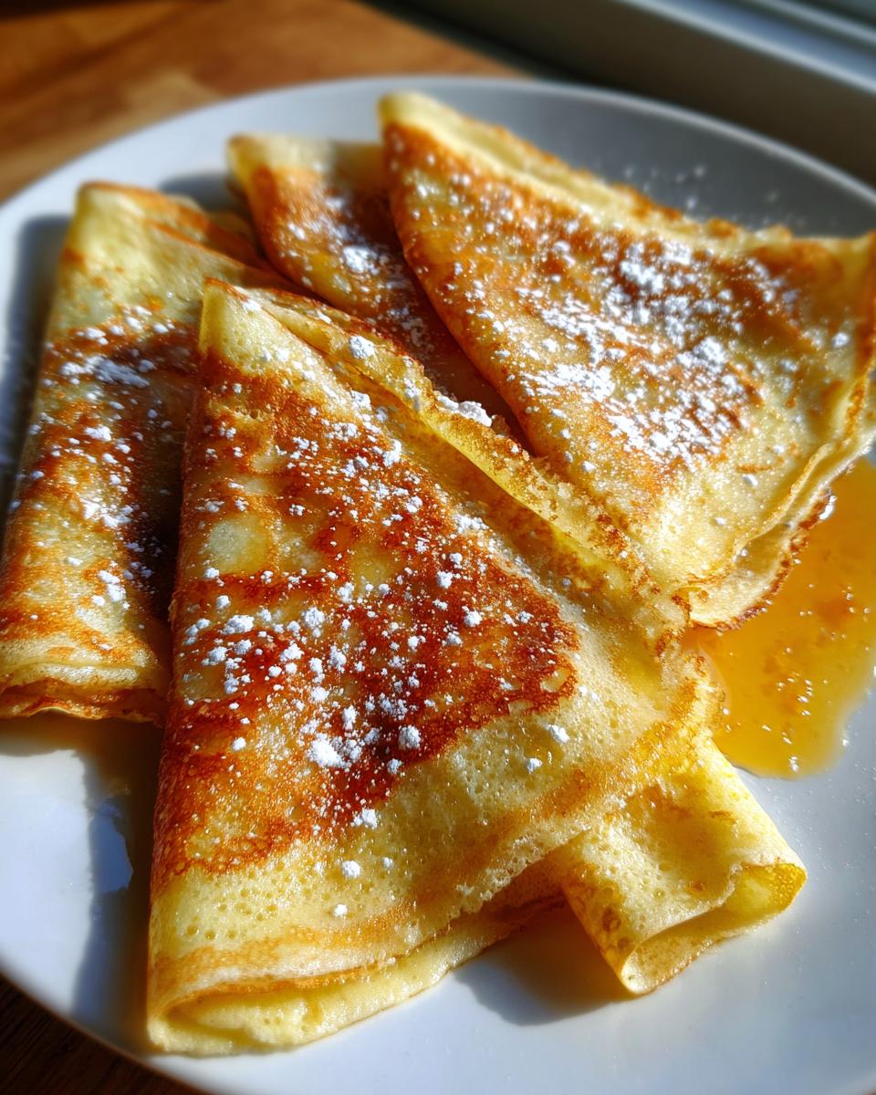 Close-up of three folded Crepes Suzette on a white plate, dusted with powdered sugar and served with orange sauce.