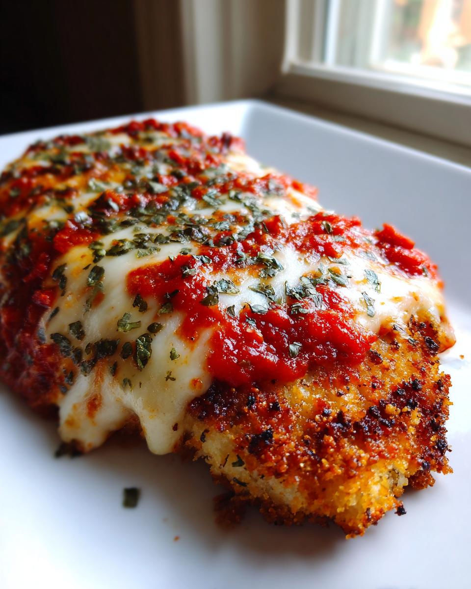 Close-up of a golden, crispy air fryer chicken parmesan topped with melted mozzarella, marinara sauce, and dried herbs.