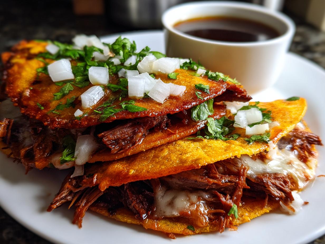 Two crispy, cheesy Beef Birria Tacos topped with diced white onion and cilantro, served with a side of consommé.